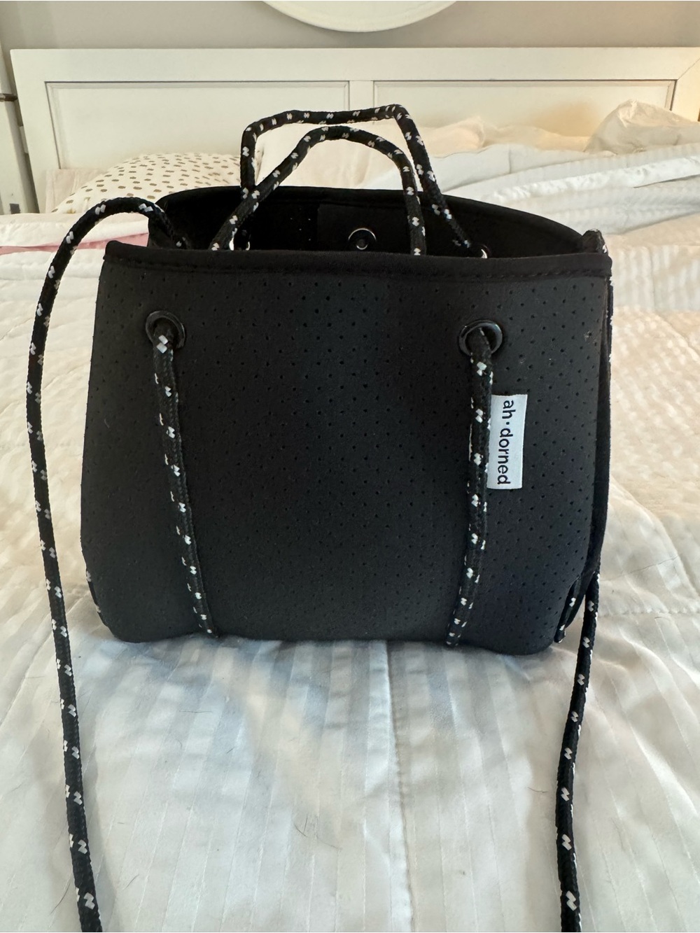 Black Neoprene small tote bag with bonus pouch.